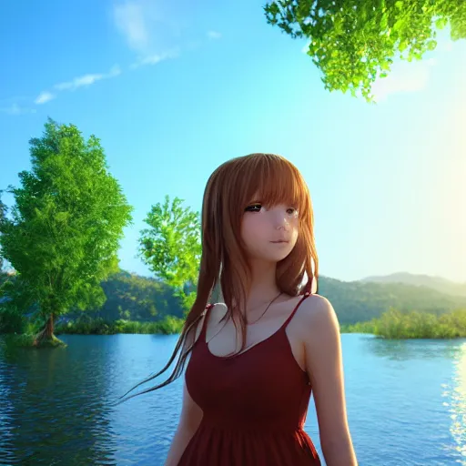 Image similar to Render of a very beautiful 3d anime girl, long hair, hazel eyes, cute freckles, full round face, short smile, cute sundress, golden hour, serene lake setting, medium shot, mid-shot, highly detailed, trending on Artstation, Unreal Engine 4k