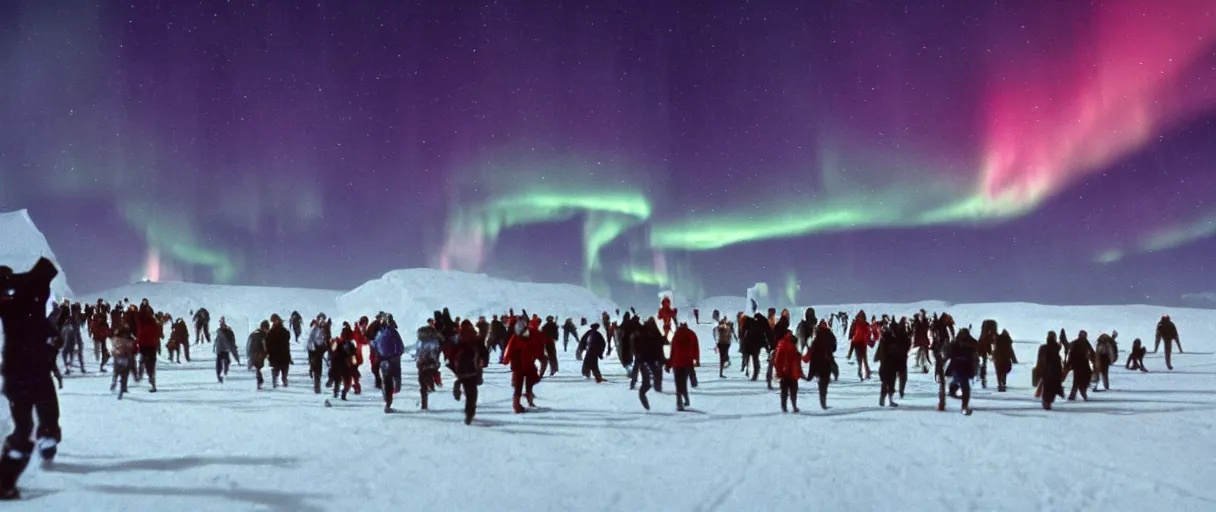 Image similar to filmic extreme wide shot movie still 4 k uhd exterior shot 3 5 mm film color photograph of a crowd of people people running in terror around a village in the antarctic at night with the northern lights lighting up the sky, in the style of the horror film the thing 1 9 8 2