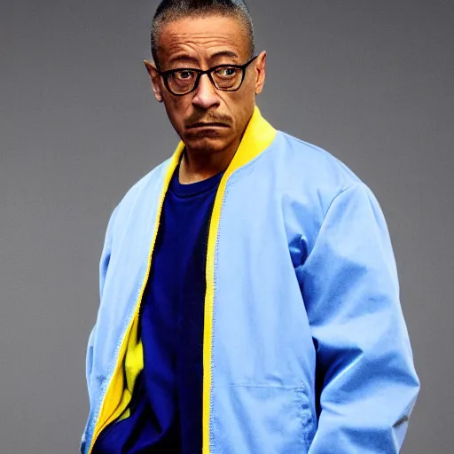 Image similar to gus fring in a blue varsity jacket with yellow sleeves, still from breaking bad