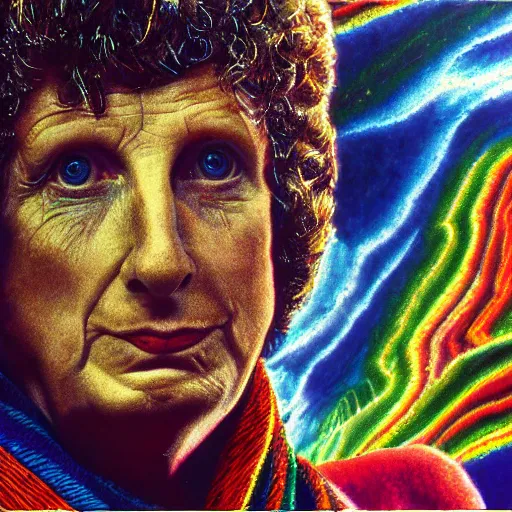 Image similar to tom baker using his scarf to fly, psychedelic, clouds, 4 k, intricate high details, sharp, 1 9 7 7, photo realistic, matt finish, realistic shadows, psychedelic