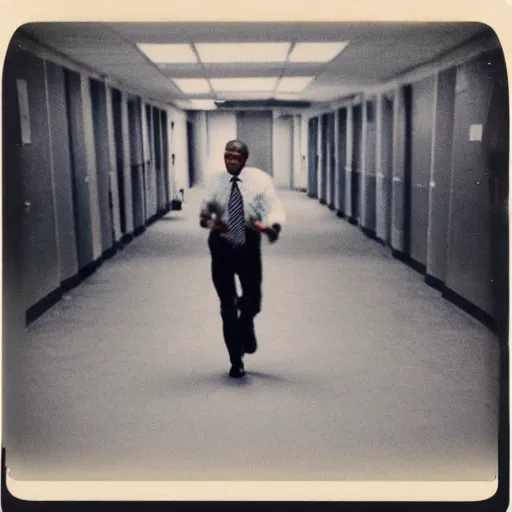 Image similar to A creepy polaroid photo of Obama chasing you down an empty hallway