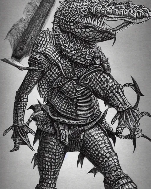 Image similar to anthro crocodile crocman wearing tribal armor, artwork by kentaro miura, crocodile man, kentaro miura art
