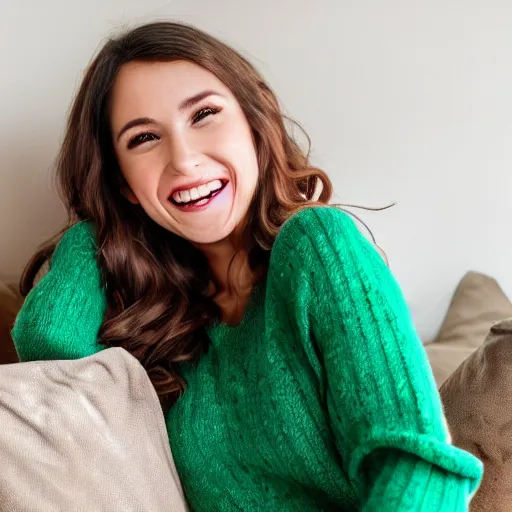 Image similar to Photo of a cute young woman smiling, long shiny bronze brown hair, full round face, emerald green eyes, medium skin tone, light cute freckles, smiling softly, wearing casual clothing, relaxing on a modern couch, interior lighting, cozy living room background, medium shot, mid-shot, soft focus, professional photography, Portra 400