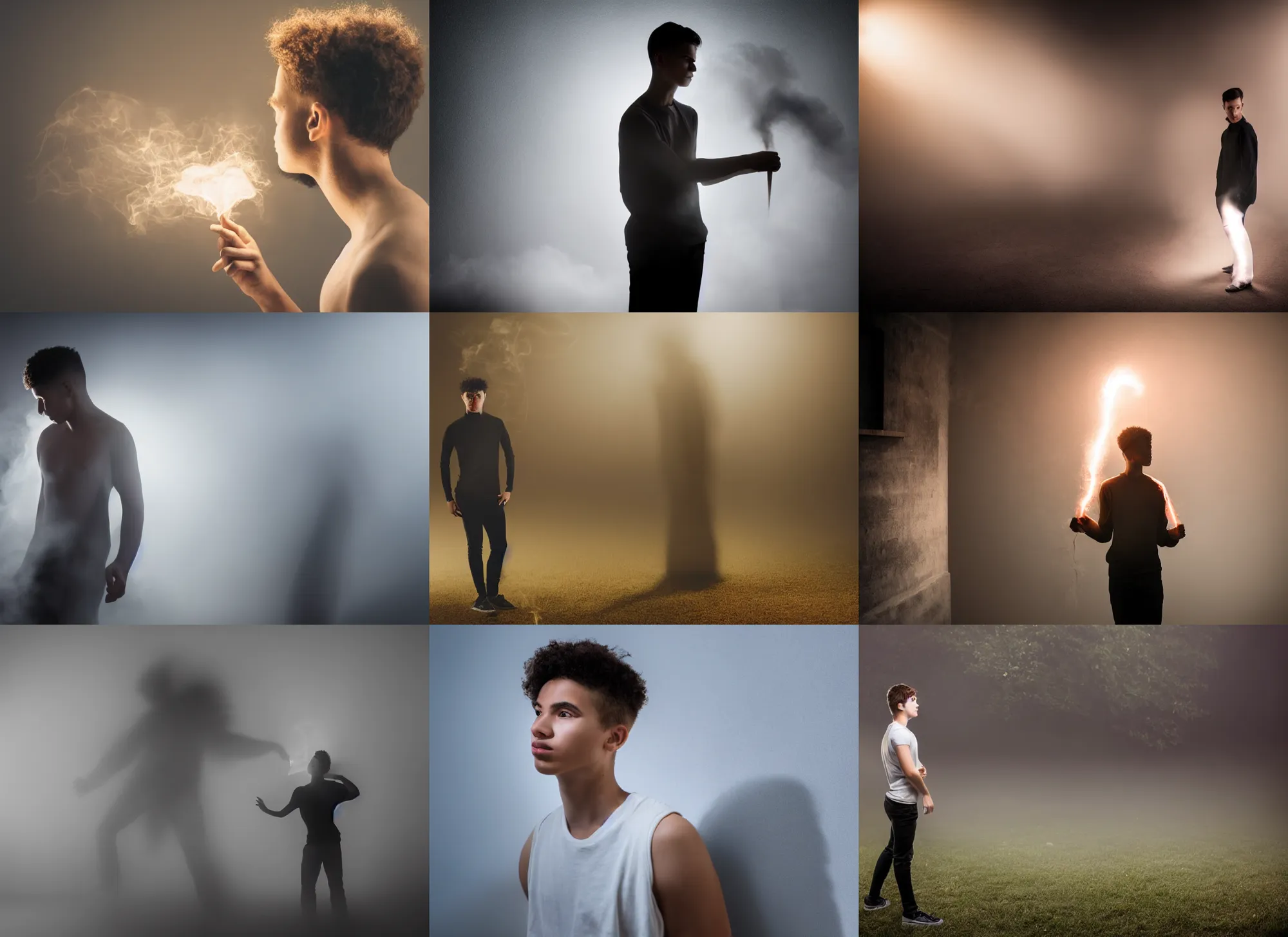Prompt: photo still of posterior view, young man enchanting a fog spell, subject in shadow, short fluffy hair, biracial, glowing magic, 8 k, studio lighting bright ambient lighting key light, 8 5 mm f 1. 8