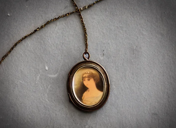 Prompt: old retro burnt out sepia photograph with scratches of a hanging from a branch golden necklace a tiny slim open oval rusty golden locket pendant. There is a (portrait of an elegant and aesthetic woman royalty!!) inside the locket. with trees visible in the background with bokeh. Antique. High quality 8k. Intricate. Sony a7r iv 35mm. Award winning. Zdzislaw beksinski style