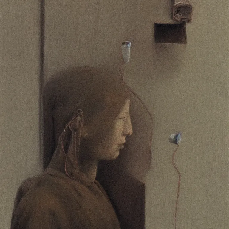 Prompt: woman in headphones portrait with a paper bag over the head, highly detailed, artstation, art by zdislav beksinski, wayne barlowe, edward hopper