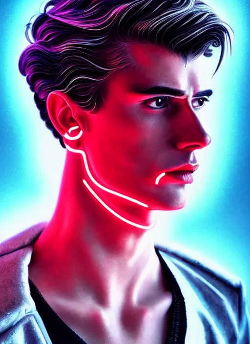 Image similar to a highly detailed long shot photo of masculin male face portrait, futurism, rococo cyber neon lighting, detailed futuristic fibonacci jewelry, profile posing, hyper photorealistic, crispy quality, digital photography, trending in pinterest, cinematic, 4 k ultra hd, art by pascal blanche, art by greg rutkowski, art by artgerm,