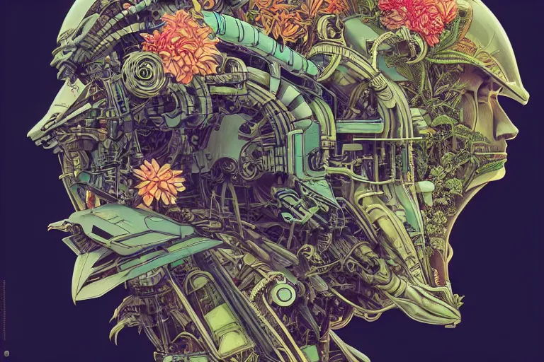 Image similar to gigantic mecha head with lot of details, a lot of exotic vegetation, trees, flowers by moebius, dull colors, junji ito, tristan eaton, victo ngai, artgerm, rhads, ross draws, hyperrealism, intricate detailed, risograph