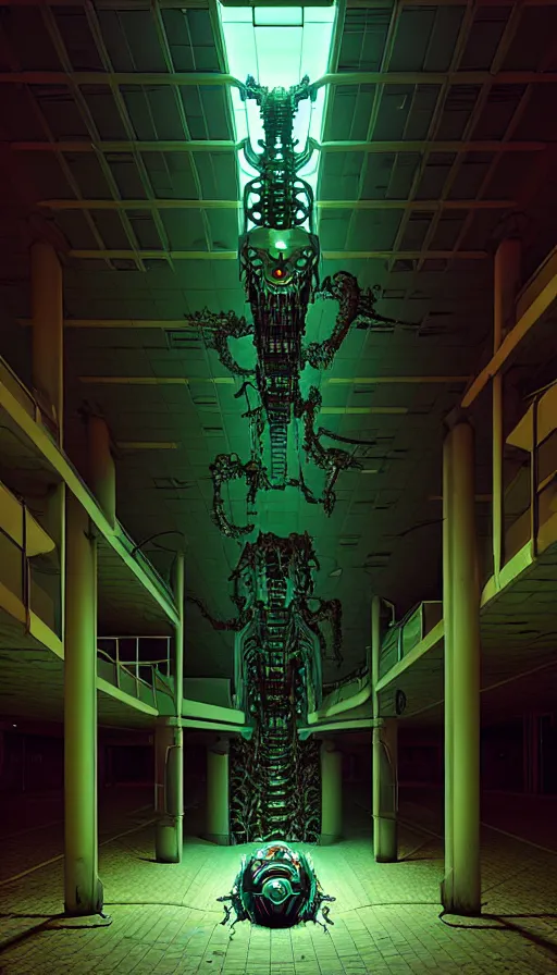 Prompt: biomechanical cybernetic monster creature in the dark abandoned mall, absolutely symmetrical 3 d artwork by simon stalenhag tooth wu ande beeple