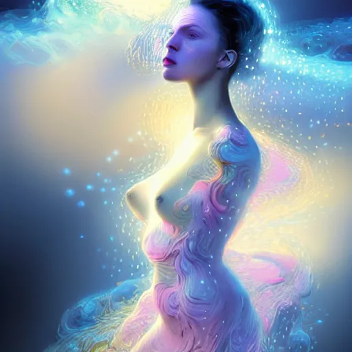 Prompt: Art by Andrew Chiampo, Frederik Heyman and Jonathan Zawada, a highly detailed digital art rendering and concept design of a breathtaking young ethereal woman elegantly positioned and entwined in popping colurful fluids, Fantasy, hyperrealism, 4k, volumetric lighting, three dimensions, a digitally altered world, user interface design, 3D modeling, illustration, and transportation design