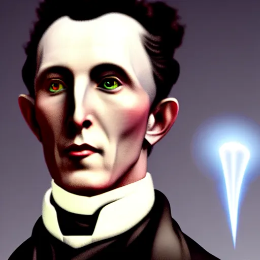 Image similar to nicolas tesla with thunderbolts around him and glowing white eyes, photorealistic, 4 k, ultra detailed