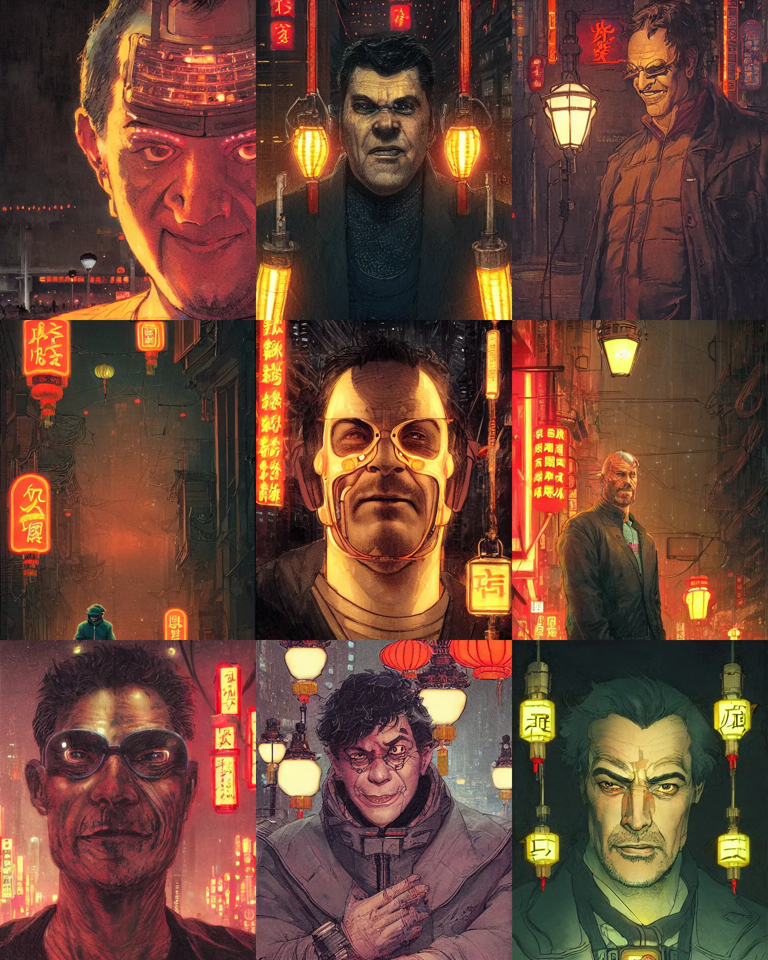 Prompt: closeup portrait of a middle - aged cyborg man, slight smile, street at night with lanterns and neon signs, chinese new year in shanghai, art by rebecca guay and greg rutkowski