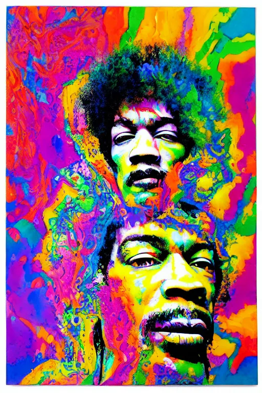 Prompt: Jimi Hendrix acrylic paint pour, watercolor, marbling, graffiti, very detailed, large white border, 144x144 canvas, hd, high resolution print :1 CMYK :1