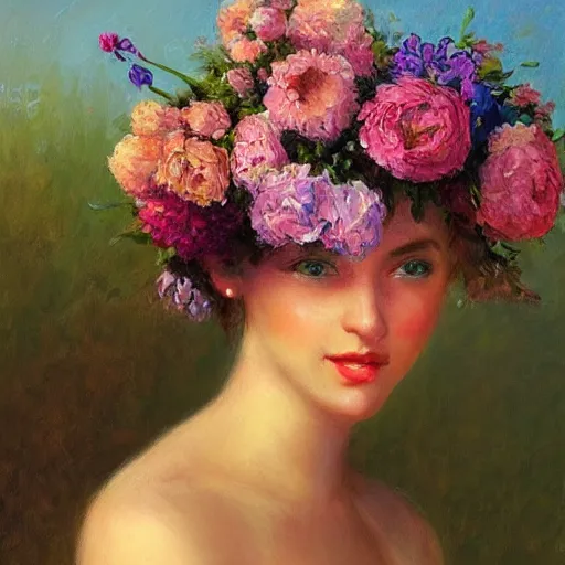 Image similar to a portrait of a romantic woman with flowers grow out of hair, roses peonies forget-me-nots dahlias lupins gladioli, sky theme in background, by Alexandr Averin, Digital Art, Trending on artstation