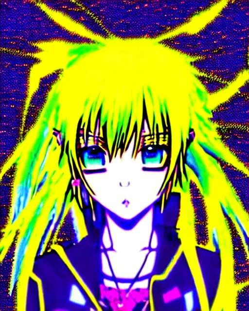 Image similar to neo tokyo japanese anime kawaii decora hologram of rimuru tempest, colourful blue hair, golden yellow eyes, wearing black stylish clothing, holography, irridescent, baroque visual kei glitch art