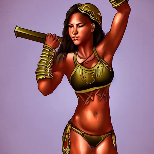 Image similar to female warrior in bikini armor brown skin, digital art, fit body, simple background