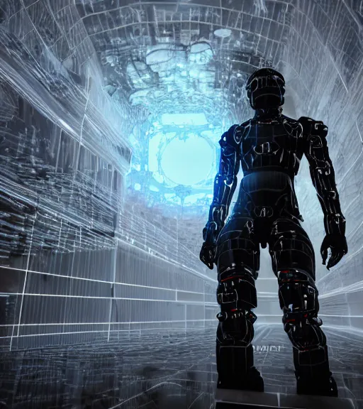 Image similar to aura of the ancient destroyed majestic tower of babylon, geometrieva in a gantz suit, futuristic cyber clothing, transparent puffer jacket, tarkovsky greatest scene, hyperealistic, blockchain, cyber world, ambient lighting, concept art, intricate, hyper detailed, smooth, dynamic volumetric lighting, ocatane, ray trace, cinematic, high quality, cgsociety