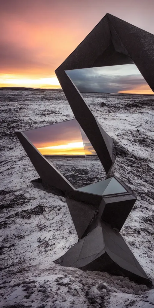 Prompt: futuristic angular architect giant golum monster made from deconstucted charcoal wood and mirrors, refracted, floating, portal, iceland landscape photography sunset, by lurie belegurschi and gunnar freyr