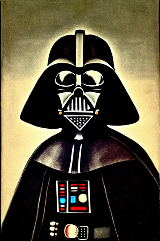 Prompt: high quality celebrity portrait of darth vader, painted by the old dutch masters, rembrandt, hieronymous bosch, frans hals, symmetrical detail, propaganda poster style