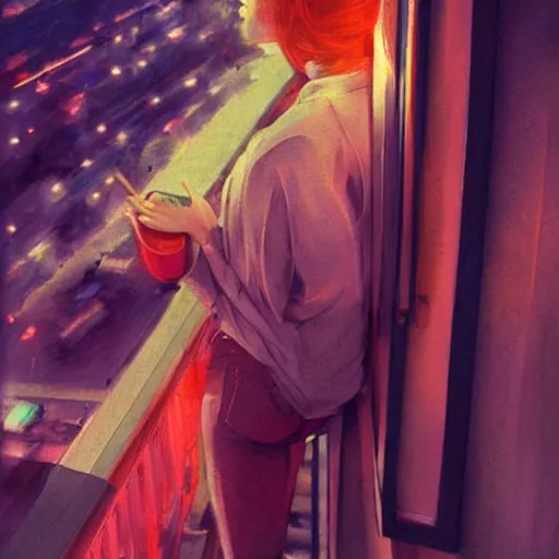 Prompt: a beautiful artwork of a woman with red hair in jeans and a white shirt smoking on the balcony of a hotel at night, top view, cinematic shot, rainy, neon and rainy theme atmosphere by Jerome Opeña, featured on artstation