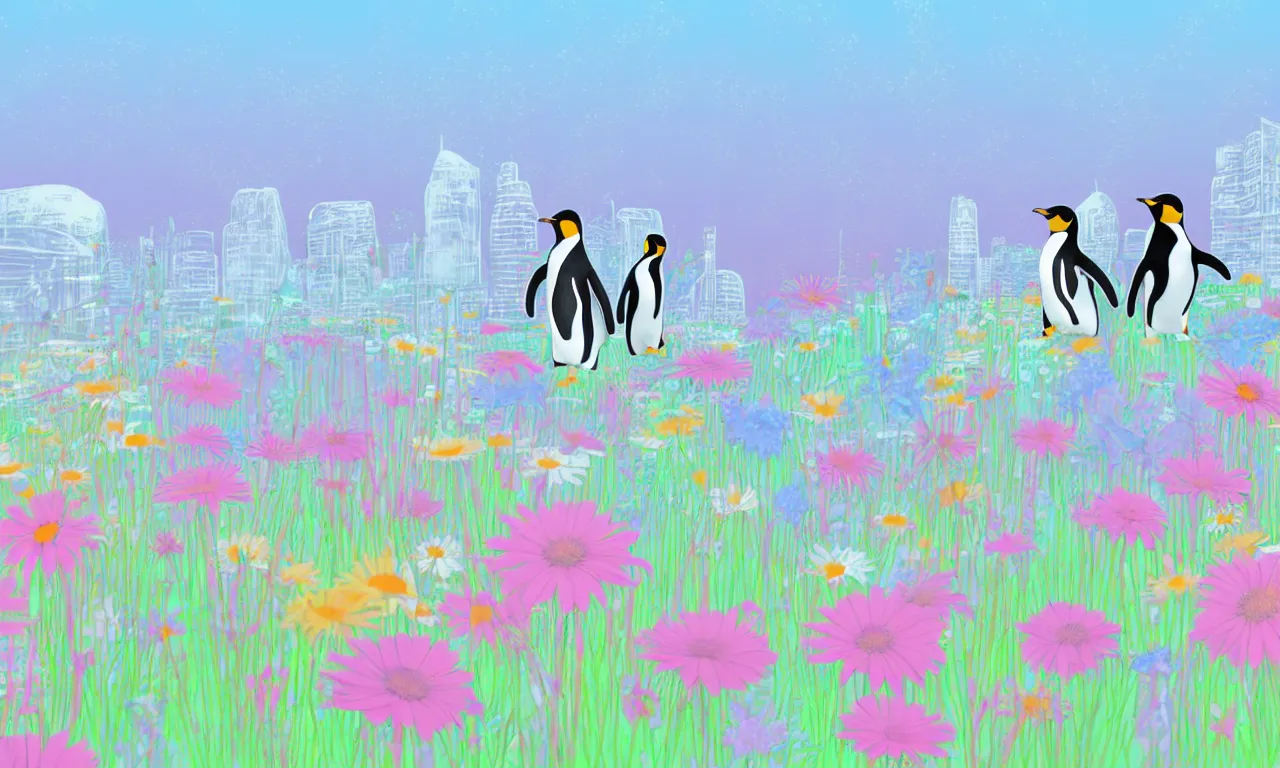 Image similar to penguins, meadow flowers, pastel colors, nordic, cityscape, digital art, 3 d illustration