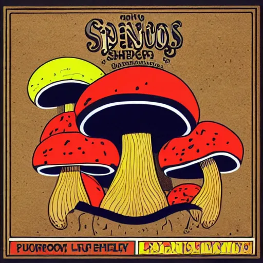 Prompt: Spencers Shroomery logo. Mushroom theme colorful retro styling by ivan chermayeff