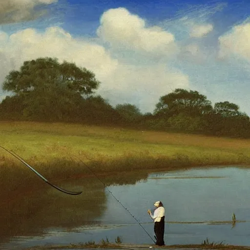 Image similar to elderly man intent on fishing with a fishing rod in a river. around a cane field, finely painted in oil, light clouds in the blue sky,