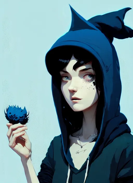 Image similar to highly detailed closeup portrait of a witch young lady student, ( blue witch hat ), black hoodie, blue hair by atey ghailan, by greg rutkowski, by greg tocchini, by james gilleard, by joe fenton, by kaethe butcher, gradient, blue, black, brown and cream color scheme, grunge aesthetic!!! white graffiti tag wall background