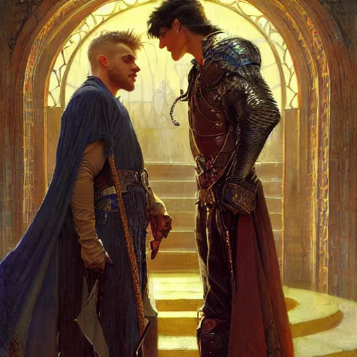 Image similar to attractive arthur pendragon with attractive male merlin the mage. they are in love. highly detailed painting by gaston bussiere, craig mullins, j. c. leyendecker