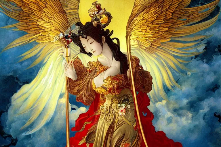 Image similar to glorious beautiful painting of Japanese female angel with flaming sword and golden wings, heavenly background and heavenly light, feminine figure, by James Jean, Neo-Gothic, gothic, Art Nouveau, rich deep moody colors