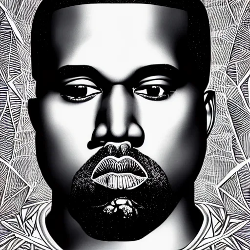 Image similar to Geometrically surreal Kanye West, extremely high detail, photorealistic, intricate line drawings, dotart, album art in the style of James Jean