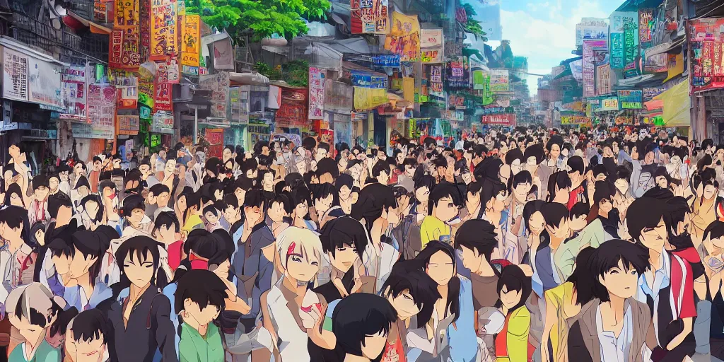 Prompt: streets of vietnam crowded dense urban hot cartoon style anime