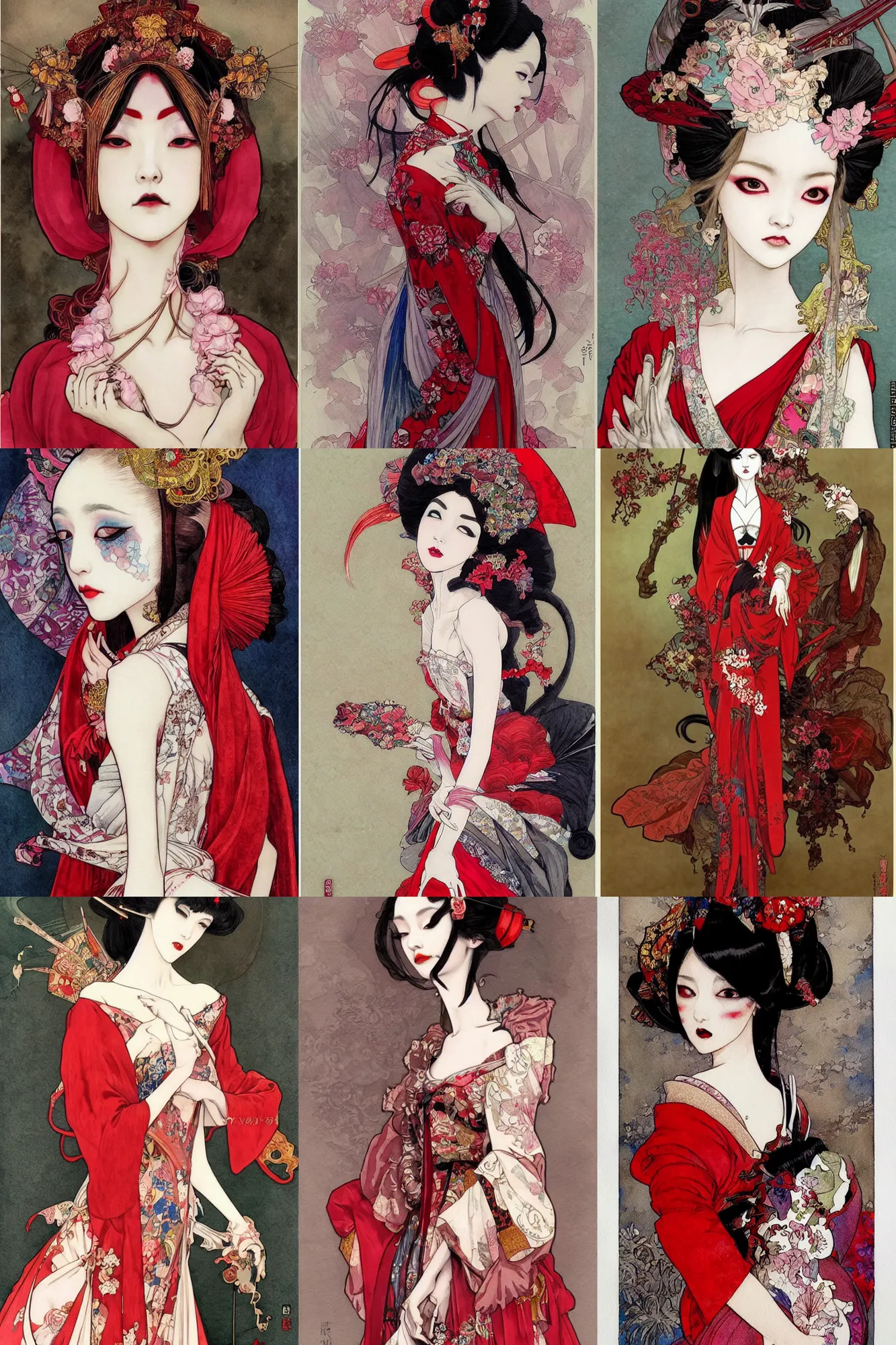 Prompt: watercolor painting avant - garde vogue fashion portrait of an japanese bjd geisha vampire queen with a long neck in a victorian lolitafashion red dress in the style of dark - fantasy painted by alphonse mucha, ayami kojima, nekro, intricate detail, artstation, artgerm, rococo