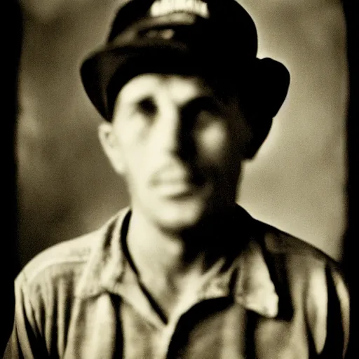 Prompt: portrait of coal mine worker by Diane Arbus, 50mm, bokeh