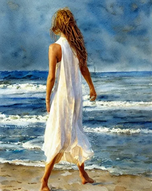 Image similar to a photorealistic watercolor of a woman with translucent white dress walking by the beach, by Steve Hanks, highly detailed and realistic, intricate HD, emotional realism