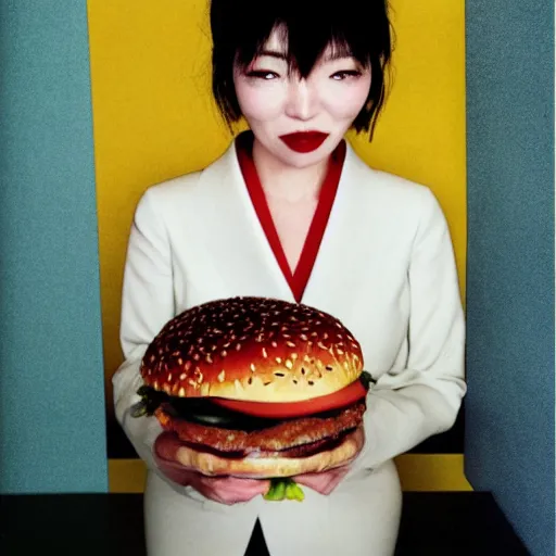 Image similar to A Japanese woman with a hamburger for a head, portrait, Taschen, by David Bailey