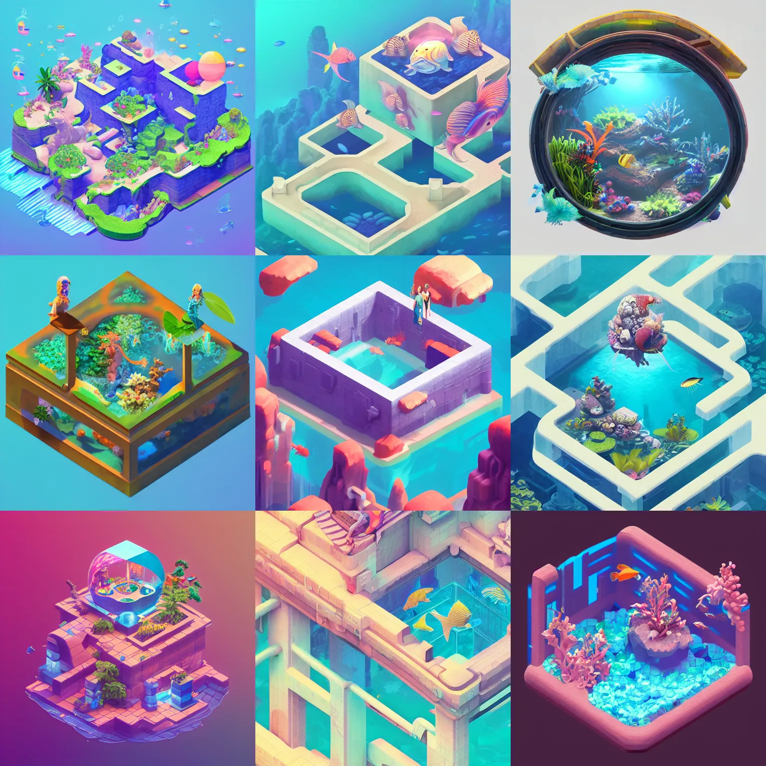 Prompt: isometric webdesign icon for paradise blossoming aquarium of eden, 3d render, by Artgerm, tooth wu, dan mumford, beeple, wlop, rossdraws, James Jean, Andrei Riabovitchev, Marc Simonetti, yoshitaka Amano, Artstation