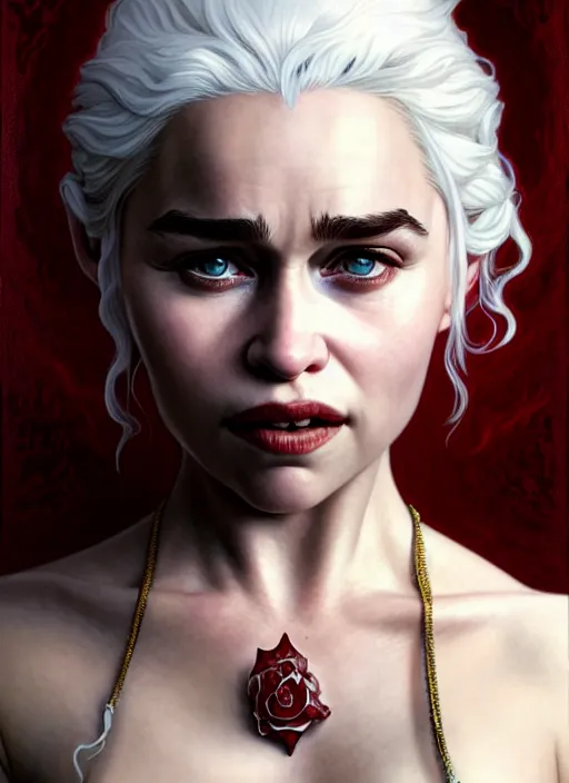 Prompt: portrait of emilia clarke with white hair as a vampire lord, jewelry, greek, ruby, intricate, headshot, highly detailed, digital painting, artstation, concept art, sharp focus, cinematic lighting, illustration, art by artgerm and greg rutkowski, alphonse mucha, cgsociety