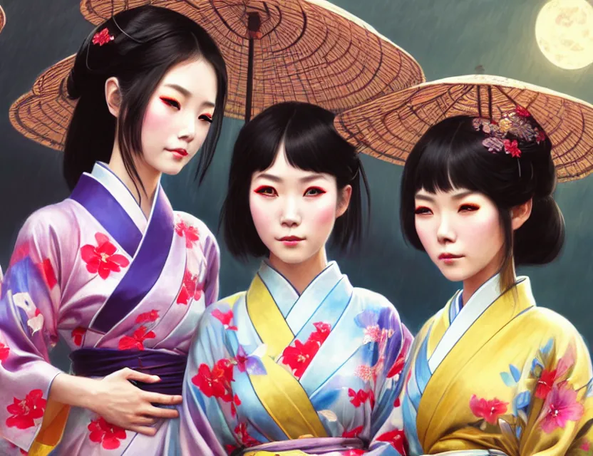 Image similar to two beautiful fashion taiwan girls wear fantasy yukata in festival | | big eyes, sunny, dreamlike art, realistic shaded, smile, good looking, fine details, 4 k realistic, cryengine, realistic shaded lighting poster by greg rutkowski, magali villeneuve, artgerm, jeremy lipkin and michael garmash and rob rey