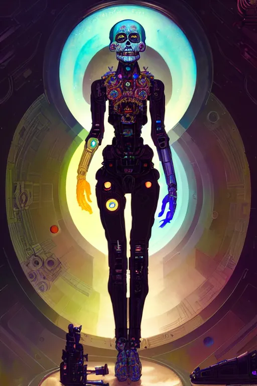 Prompt: ultra detailed, the creation of a female android, sci - fi, triadic color scheme, ( dia de los muertos ), asymmetrical, intricate concept art, art by godmachine and michael welan and dzo and greg rutkowski and alphonse mucha and loish and wlop