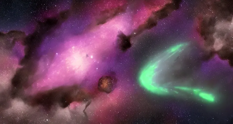 Image similar to screenshot from the new sci - fi film directed by denis villeneuve 4 k. cinema. close orbital of a new alien world nested within an asteroid belt nebula. purple and green lightning aurora upon it's surface.