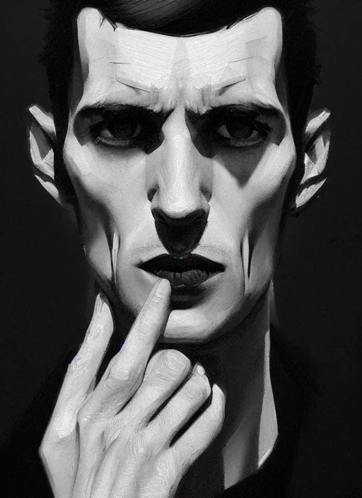 Image similar to portrait of a man with a broad face and a crooked nose and a confident expression, 1 9 6 0 s, black clothes, goth, punk, funk, intricate, elegant, highly detailed, digital painting, artstation, concept art, smooth, sharp focus, illustration, art by wlop, mars ravelo and greg rutkowski