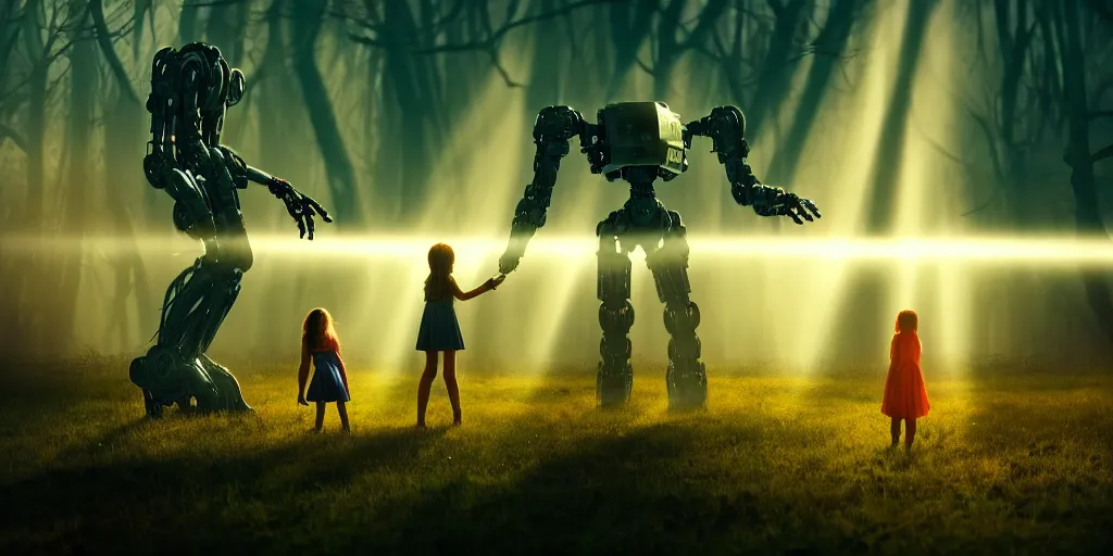 Prompt: sci - fi scene future new york, little girl holding the hand of a giant robot, forest punk, crepuscular rays, epic scene, hyper realistic, photo realistic, 8 k resolution, overgrowth, cinematic atmosphere, ethereal lighting,