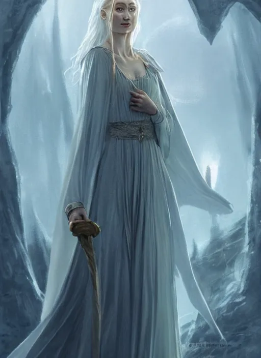 Image similar to beautiful radiant elizabeth debicki as galadriel, lord of the rings, lotr fanart, trending on artstation, character art, the hobbit, digital painting, perfectly detailed eyes, concept art, smooth, sharp focus, illustration, art by artgerm and greg rutkowski, directed by peter jackson,