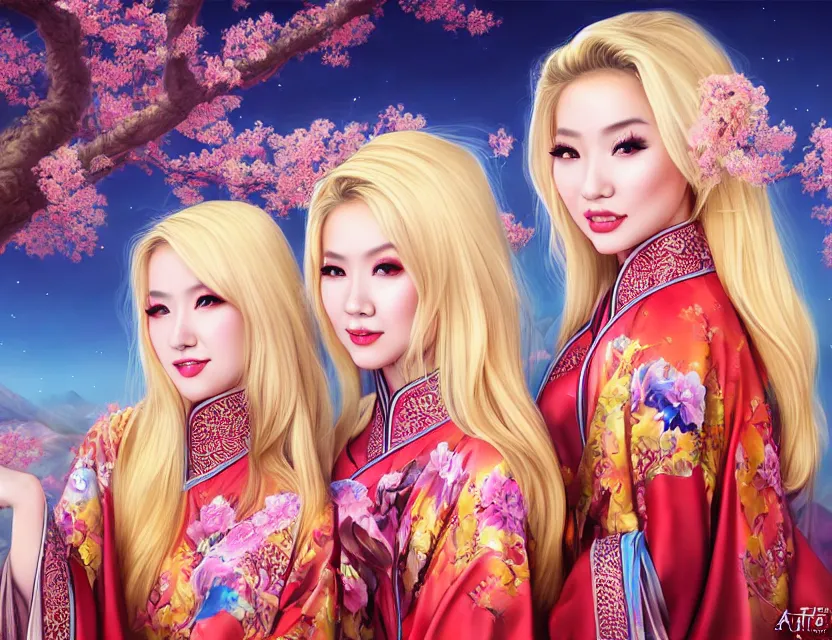 Image similar to two beautiful alluring blonde uighur girls wear fantasy kimono in festival | | sunny night, full moon, dreamlike art, realistic shaded, smile, good looking, hyper details, 4 k realistic, cryengine, realistic shaded lighting poster by artgerm, ross tran, fuji choko, 8 k resolution, trending on artstation, luxury