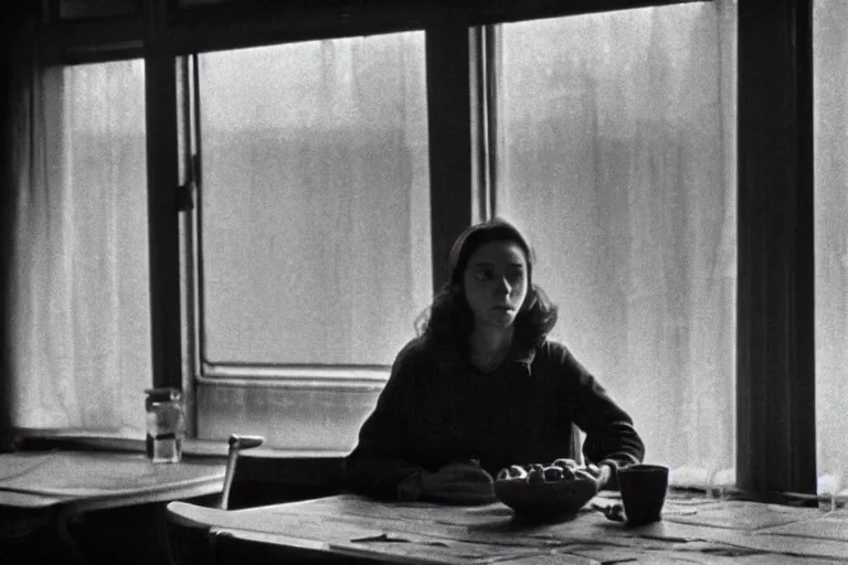 Image similar to soviet movie still a soviet woman sitting at a table next to the window with food, dark warm light, a character portrait by margarita terekhova, movie stalker solaris film still by andrei tarkovsky, 8 k, 1 9 8 4, close - up bokeh, gelios lens, color, noir