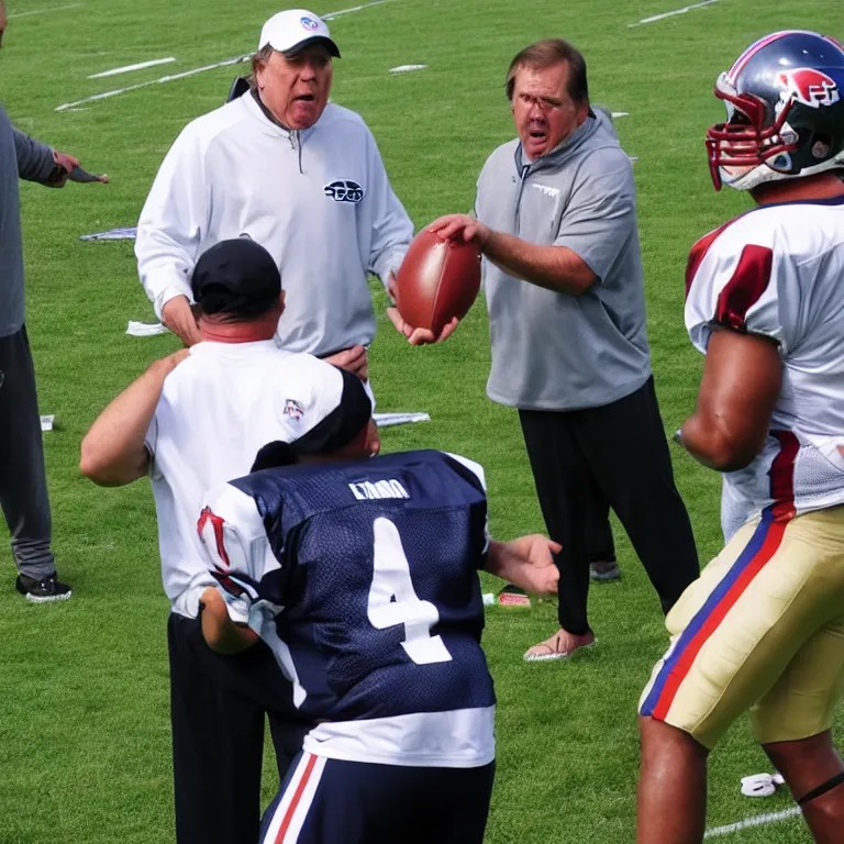 Image similar to A frustrated coach Belichick attempting to teach a visibly drunk player how to play football