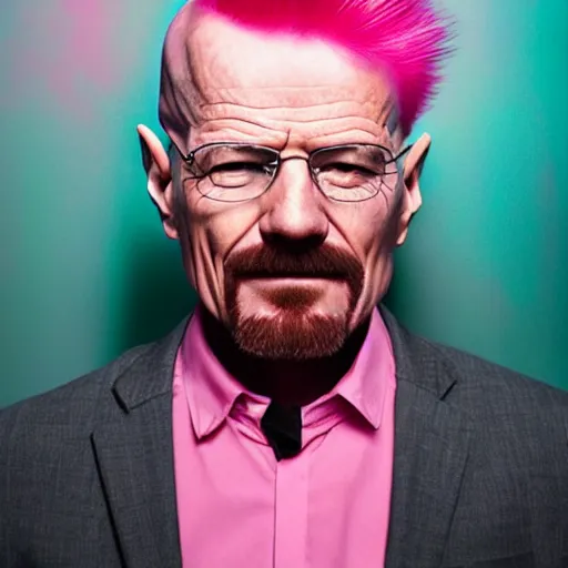 Prompt: portrait of a smiling Walter White cyberpunk pink hairstyle by Mario Testino, headshot, detailed, award winning, Sony a7R