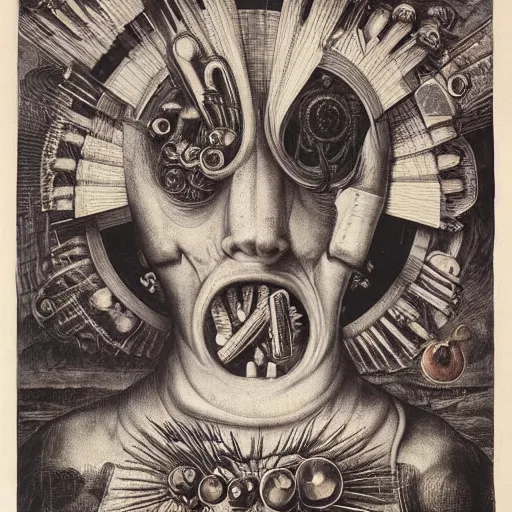 Image similar to post - punk album cover, asymmetrical design, dollar bank, new age, apocalypse, psychedelic, black white pink, magic, giger h. r., giuseppe arcimboldo