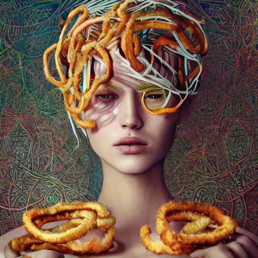 Image similar to the portrait of an incredibly beautiful woman partially made of onion rings, an ultrafine detailed illustration by james jean, final fantasy, intricate linework, bright colors, behance contest winner, vanitas, angular, altermodern, unreal engine 5 highly rendered, global illumination, radiant light, detailed and intricate environment